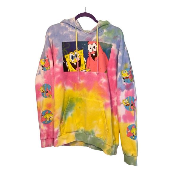 Nickelodeon Sponge Bob Patrick Tie Dye Hoodie Sweatshirt Pink Yellow Blue Fleece - Picture 1 of 6
